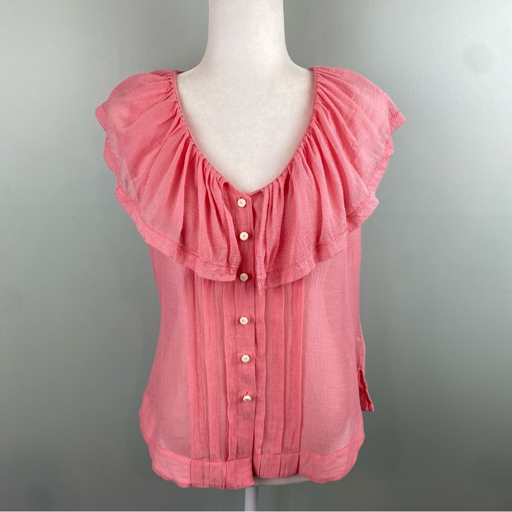Anthro Moulinette Soeurs silk blend Ruffle button down sheer Blouse Parisian 6